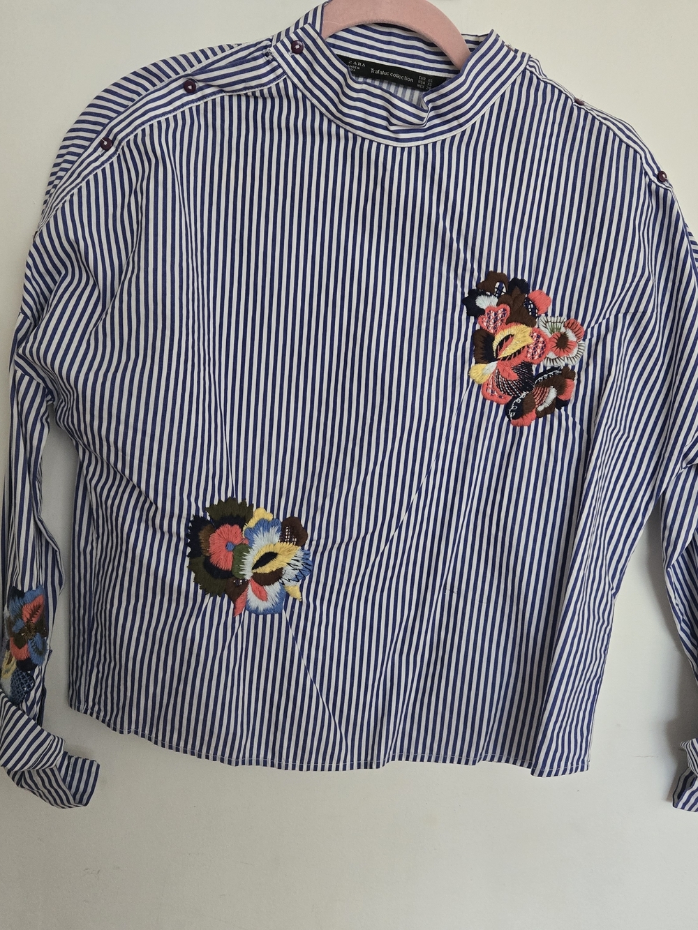 zara Striped Embroidered Floral Button-Shoulder Blouse - Blue & White
